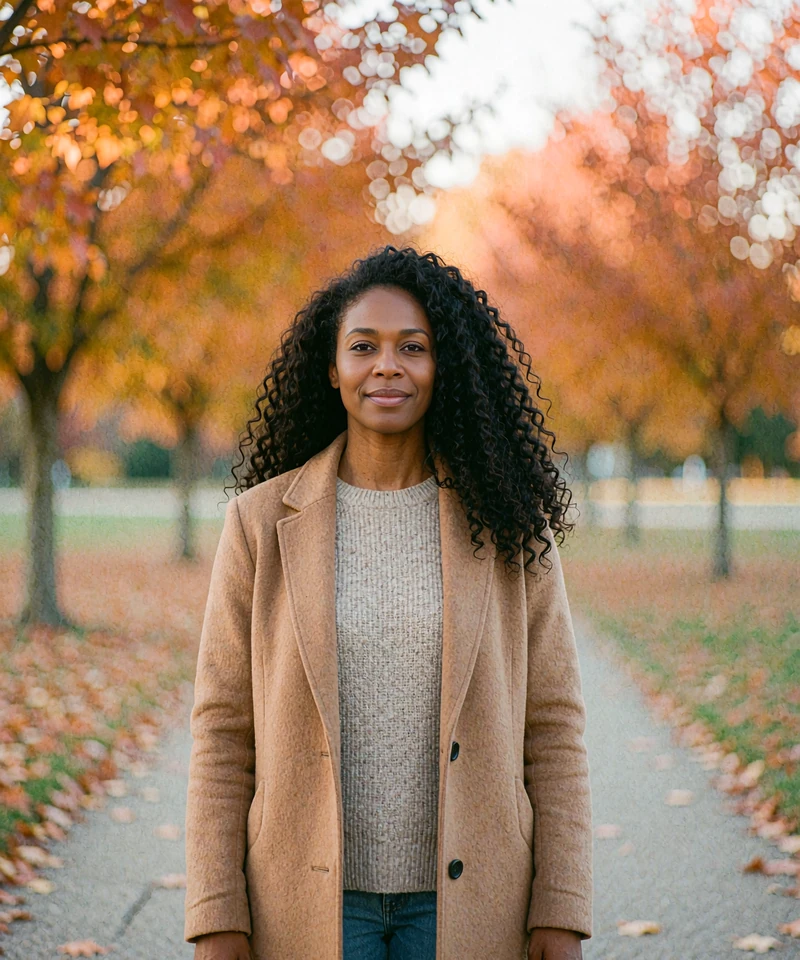 Confident woman with dark curly hair in a camel coat on a park path, an illustrative profile for meeting local singles