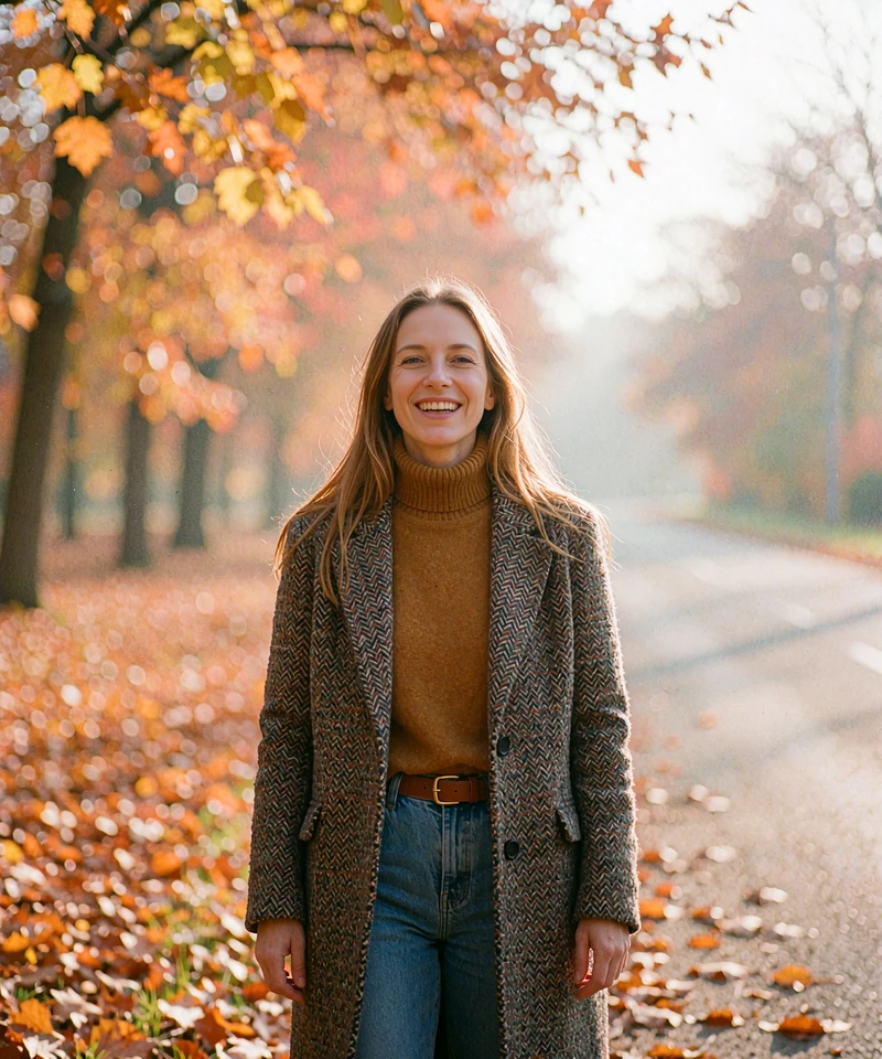 Woman with long light-brown hair in a tweed coat and mustard turtleneck, a preview of a verified-style dating profile