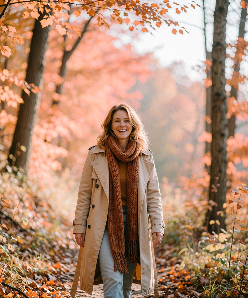Laughing blonde woman in a beige trench coat and knit scarf on a fall trail, a sample card from a free dating app