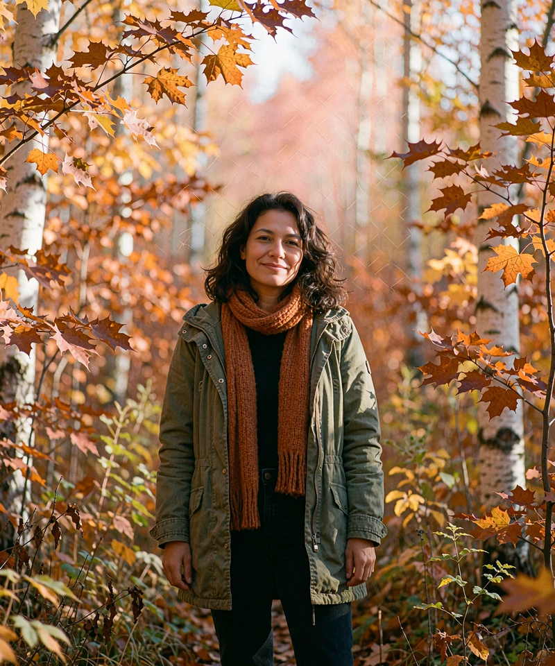 Woman with shoulder-length dark hair in an olive parka and orange scarf among autumn trees, a sample online dating profile