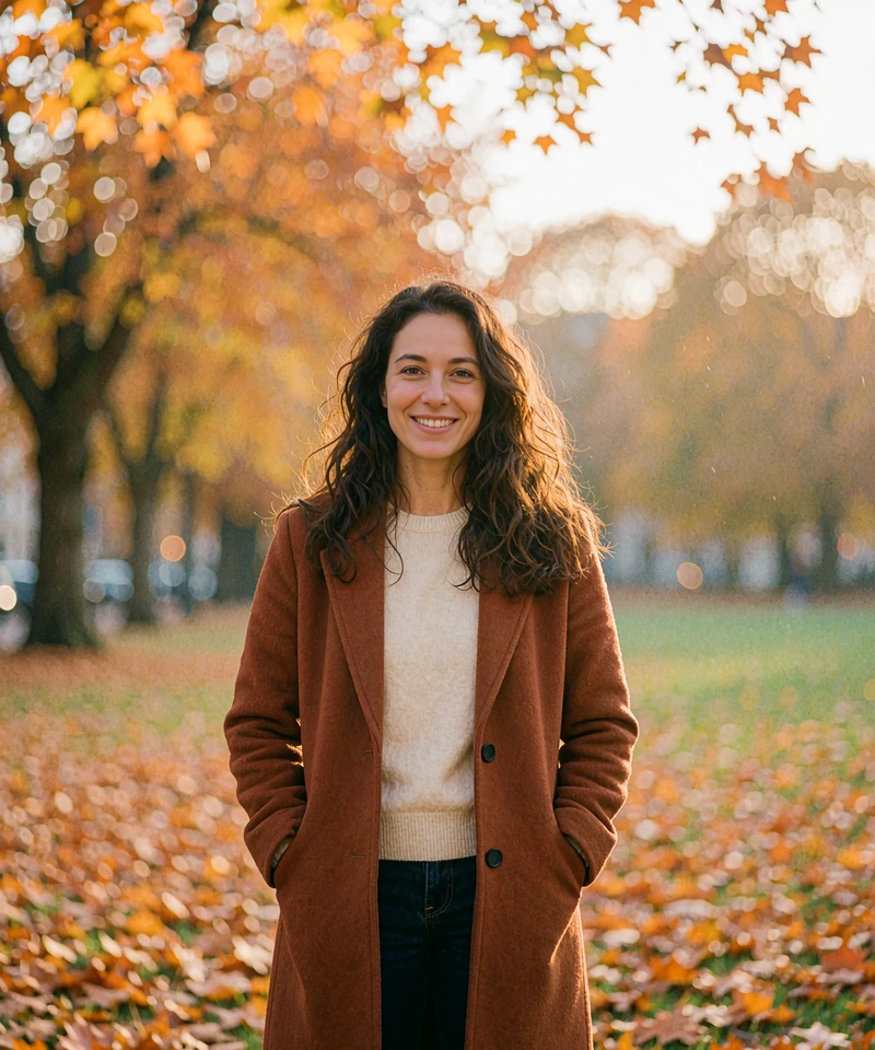 Smiling woman with wavy brown hair in a rust coat in an autumn park, a preview profile of single people near you